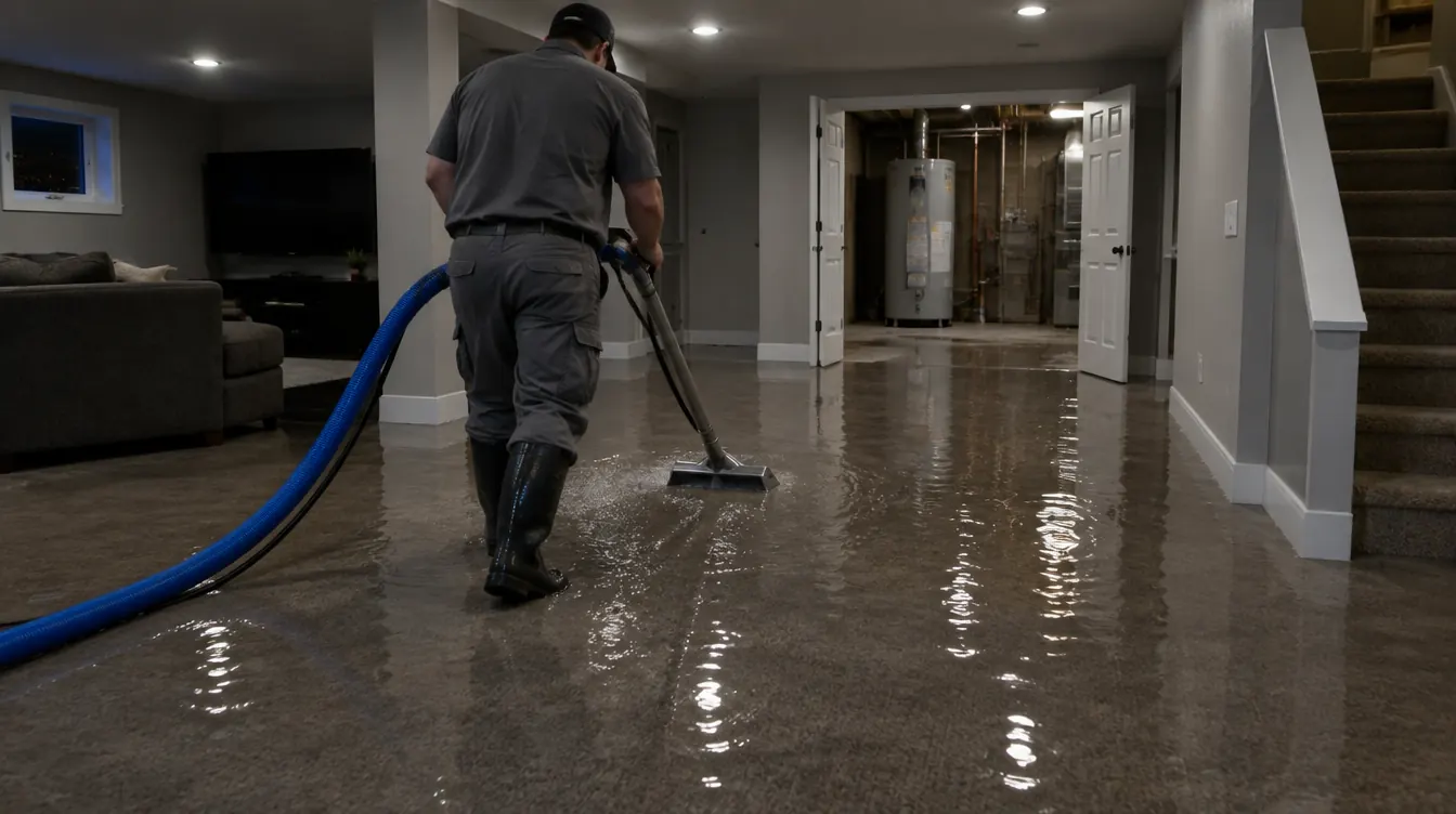 Emergency water extraction in a flooded Denver finished basement at night