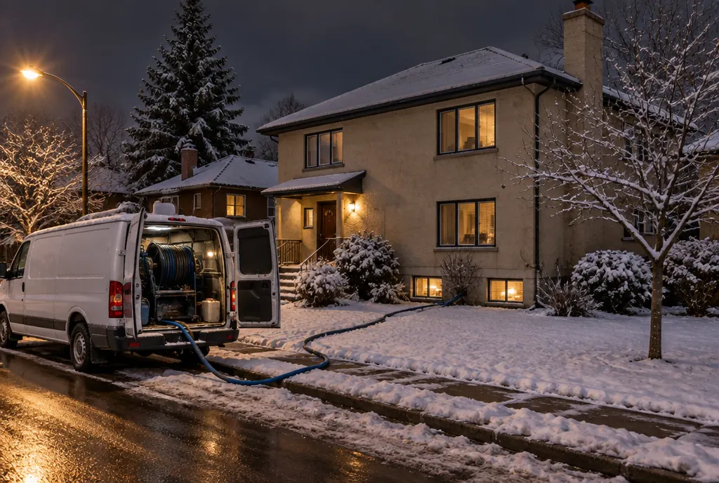 Work van at a cream stucco Denver home on a winter night for emergency water removal