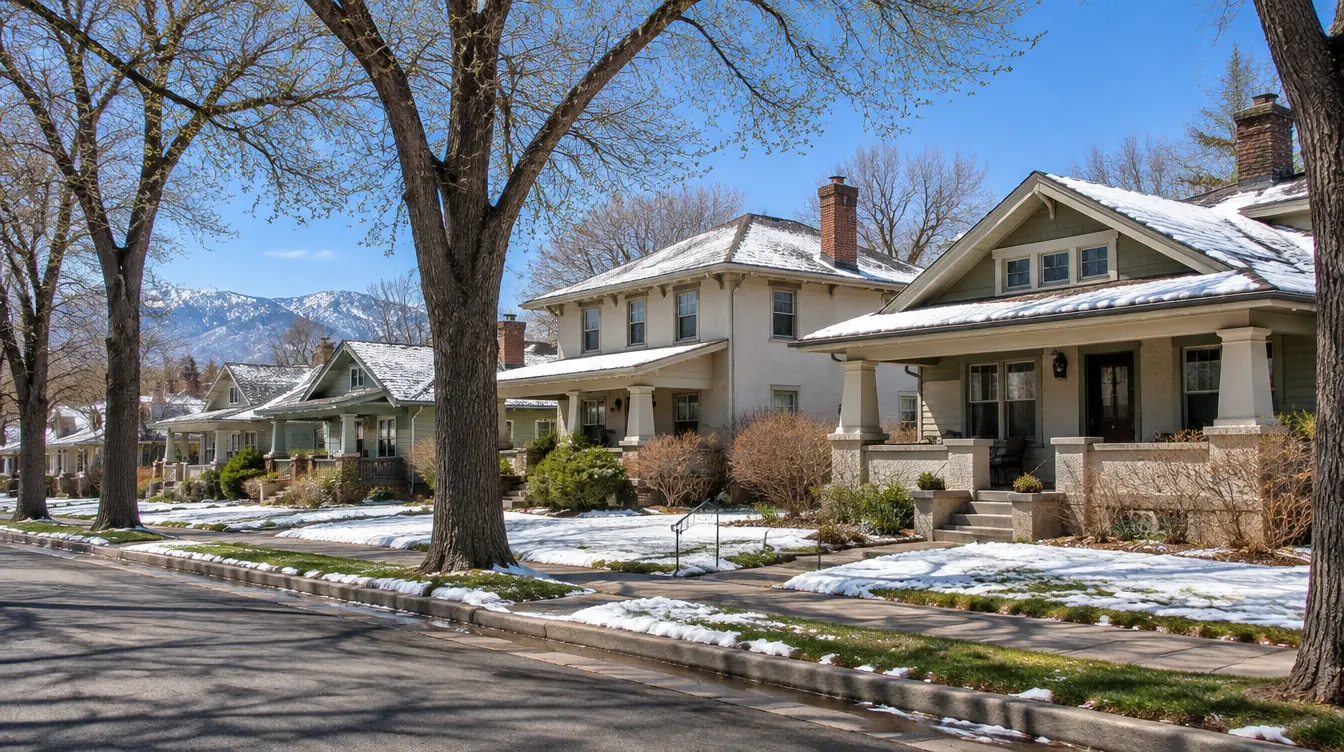 Older cream stucco homes on a Denver street where basement and roof moisture can lead to mold removal