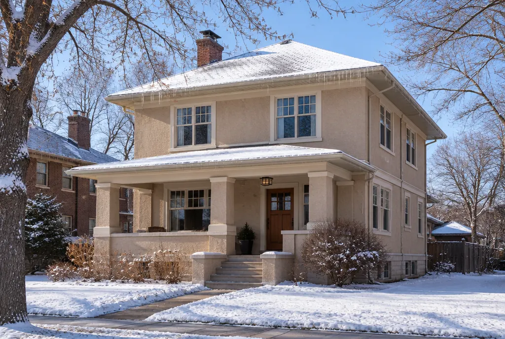 Cream stucco Denver foursquare in winter where ice dams can lead to a mold inspection