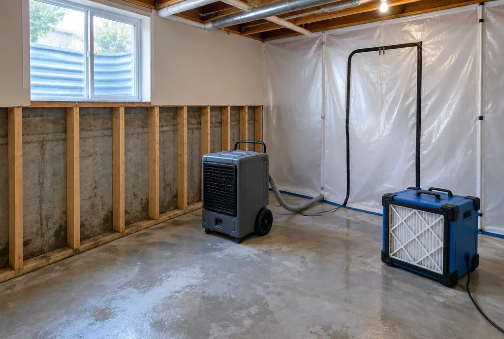 Basement mold remediation in progress in Denver with containment and drying equipment