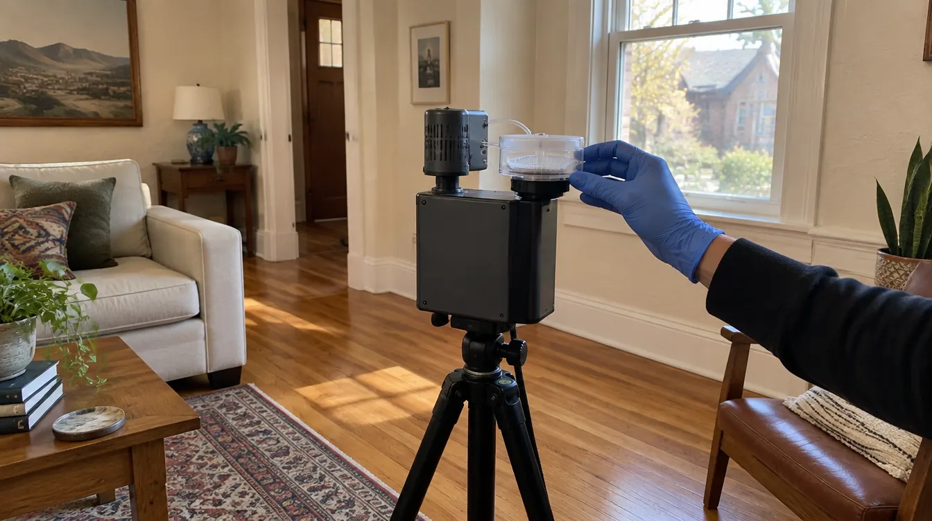 Air sampling pump and spore trap cassette set up for mold testing in a Denver living room