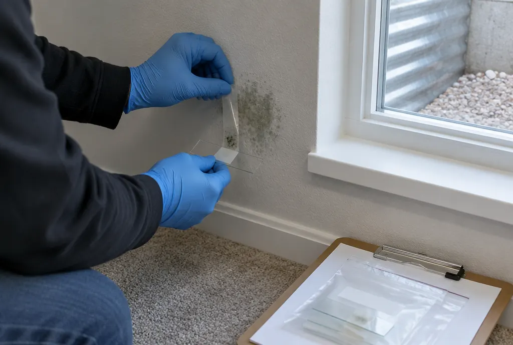 Tape-lift surface sample taken from basement drywall during mold testing in Denver